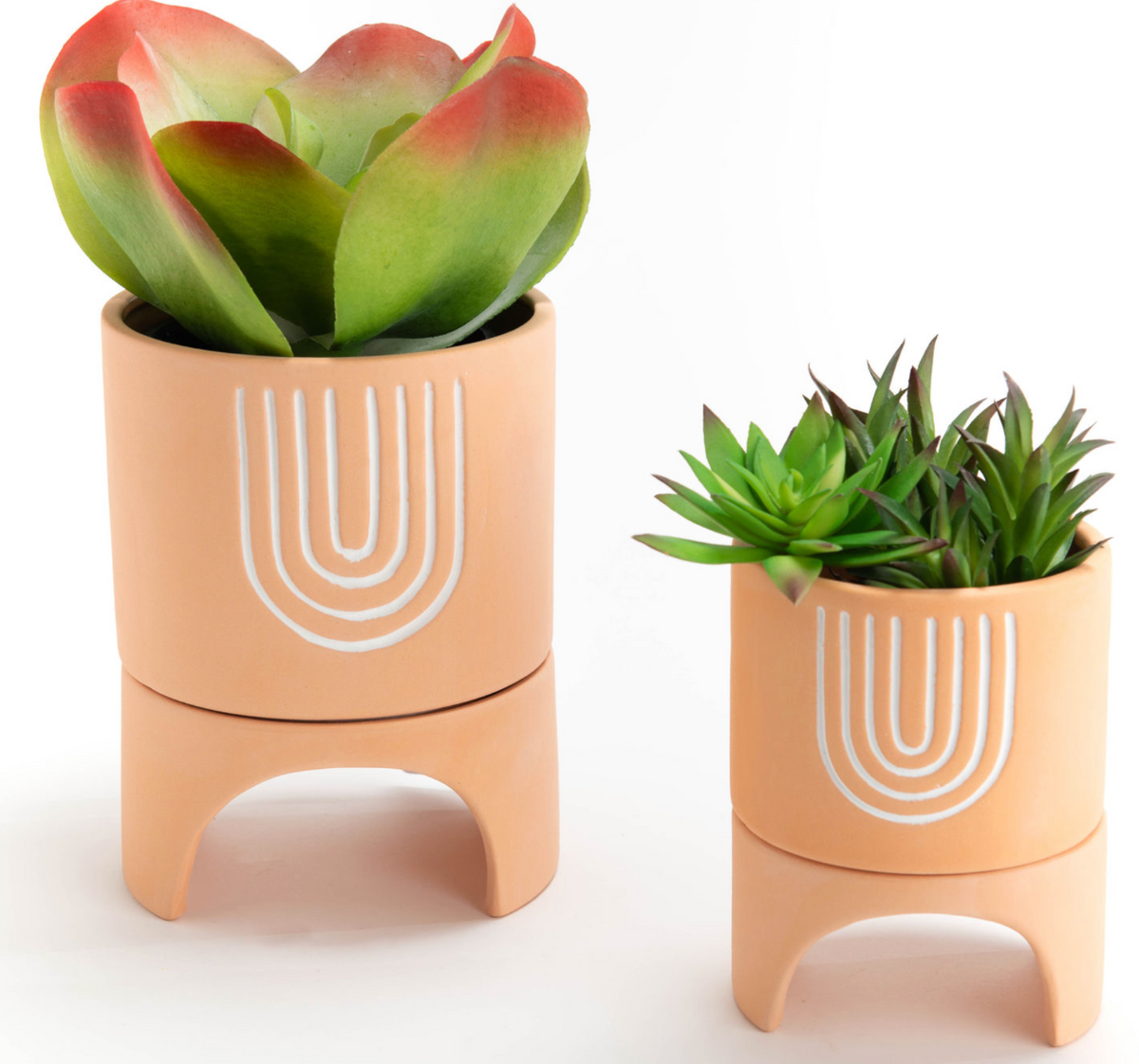 Set de 2 cache-pots sur pieds en terre cuite à motifs arches — Style bohème & naturel