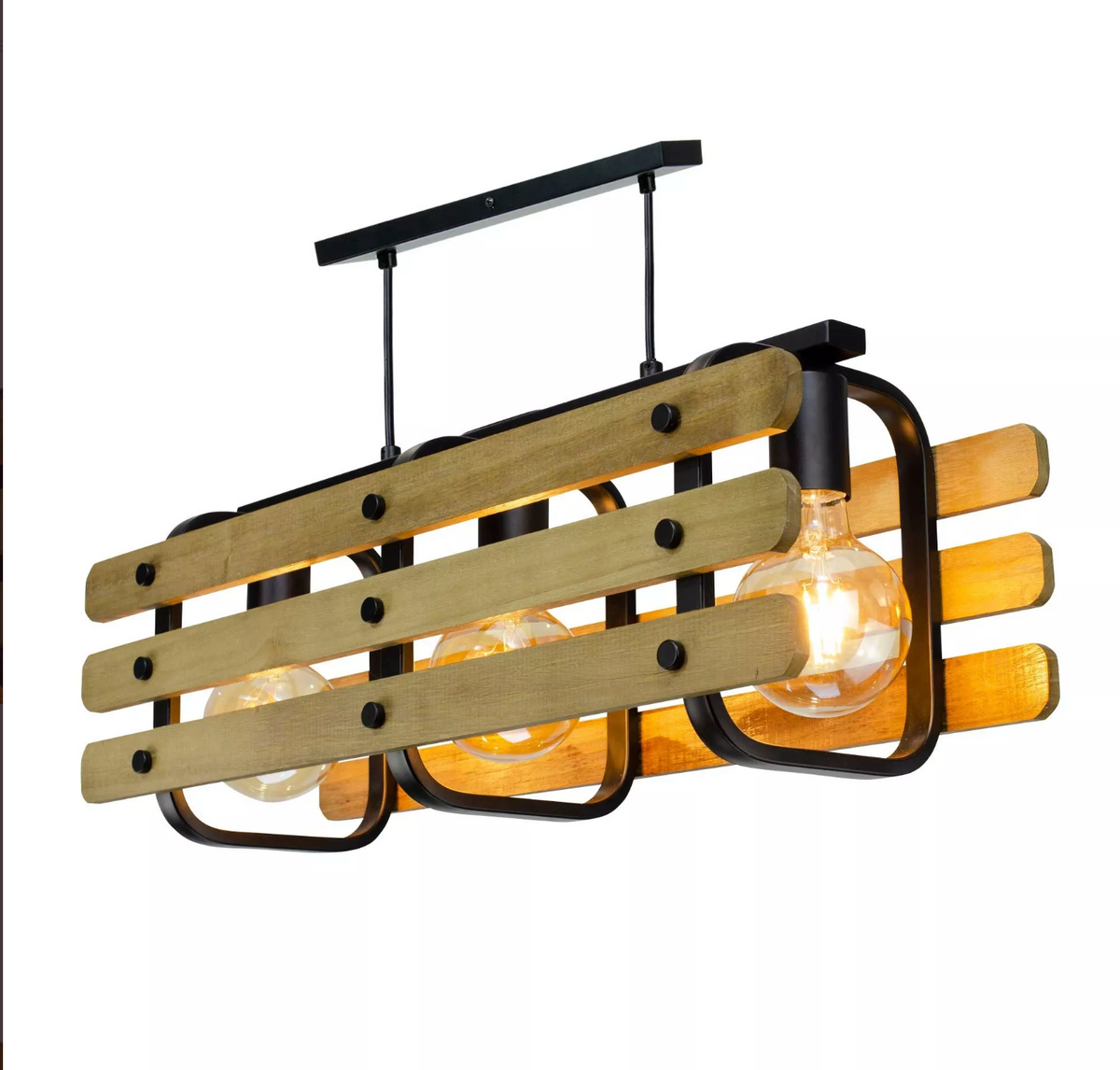 Lustre suspension en bois Chabanon 3 ampoules — Style luge et chalet montagne (63 cm)