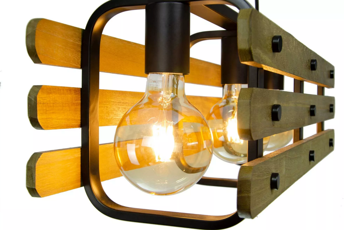 Lustre suspension en bois Chabanon 3 ampoules — Style luge et chalet montagne (63 cm)