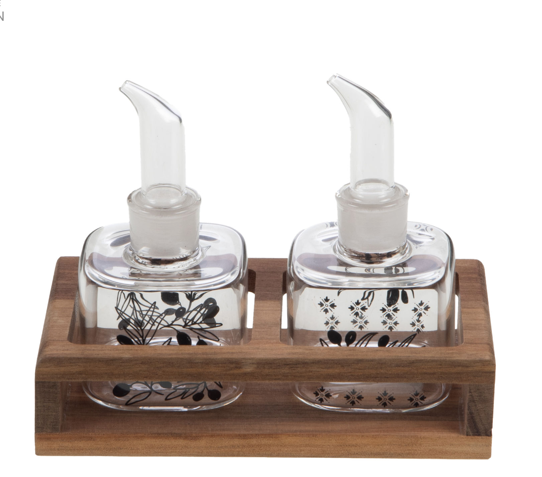 Set huilier et vinaigrier en verre Amadeus avec support en bois