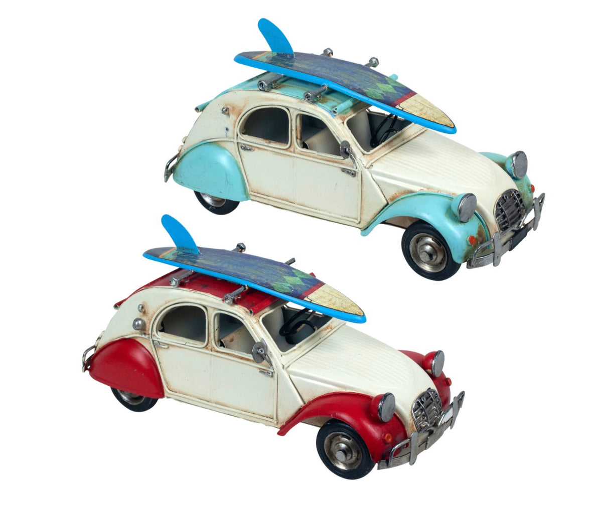 Voiture rétro en métal avec planche de surf — Objet de décoration rétro neuf