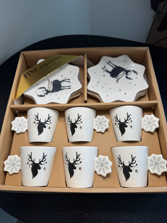 Coffret 6 tasses à café et sous-tasses étoile en porcelaine motif Cerf — Hoff Interieur