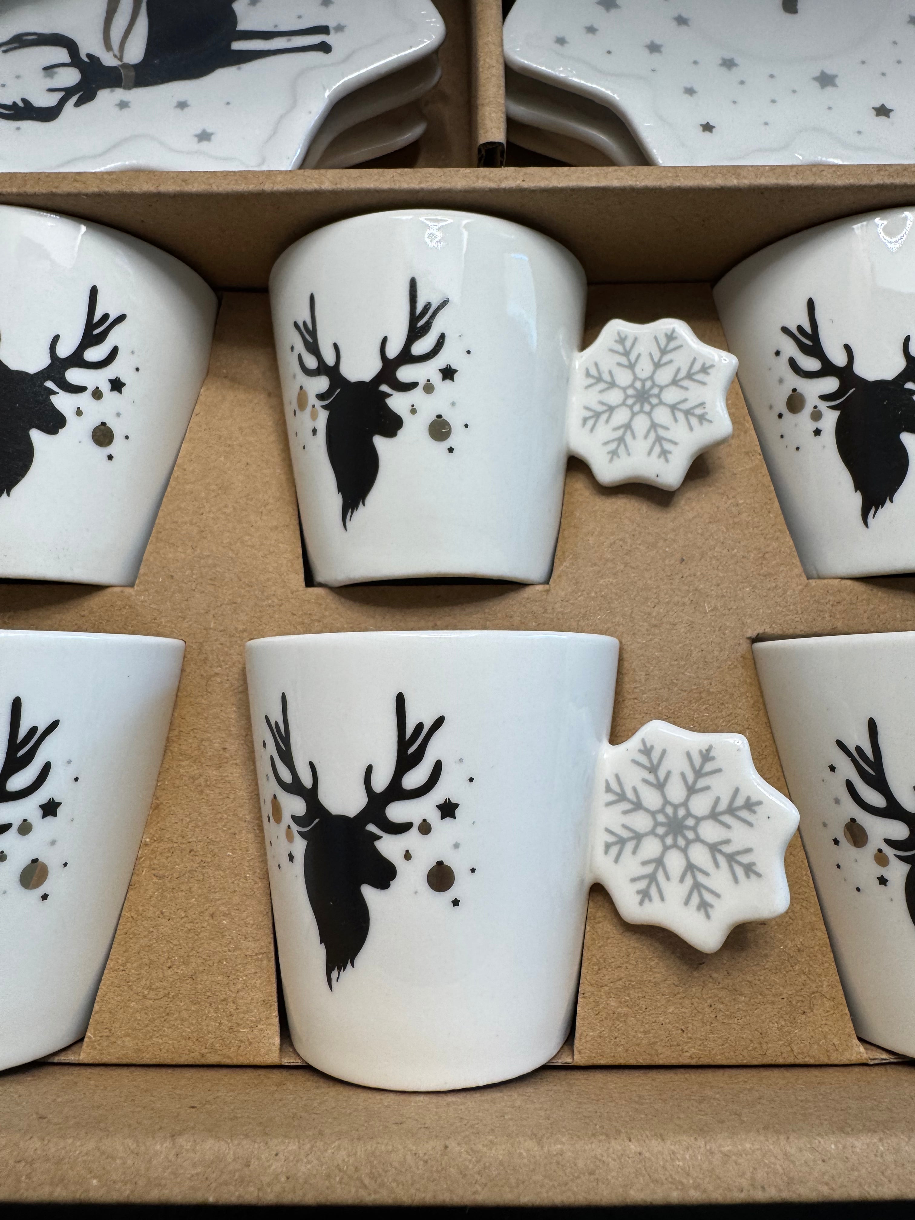 Coffret 6 tasses à café et sous-tasses étoile en porcelaine motif Cerf — Hoff Interieur